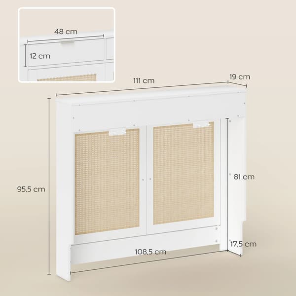 Radiatorskydd - Elementskåp 2-dörrars - Fällbara dörrar - Rattanfack - Bohemisk design - För vardagsrum & sovrum - Vit