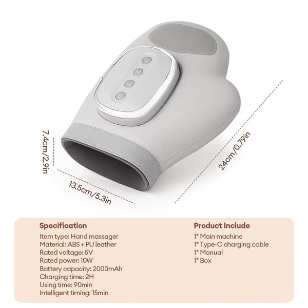 Massagehandske - Håndmassager - Luftkompression - Æltning - Vibration - USB-C - Hvid