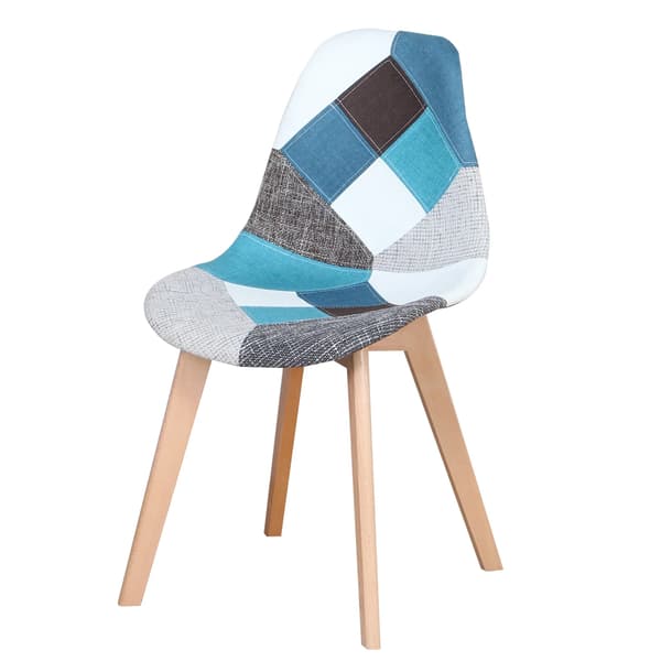 Sæt med 4 spisebordsstole - Patchwork stofstol - Træben - Retro moderne design - Stol til køkken og stue - Blå
