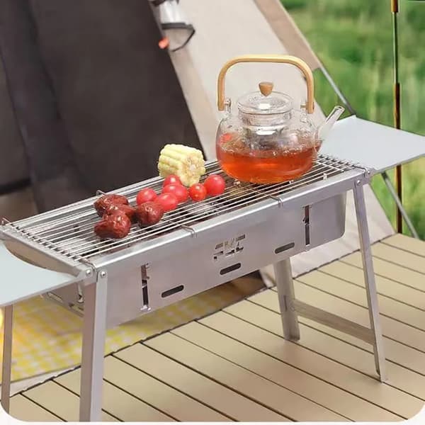Bærbar kulgrill - Sammenklappelig grill - Rustfrit stålnet - Ekstra kraftig - Rektangulær - Camping og picnic - Grå