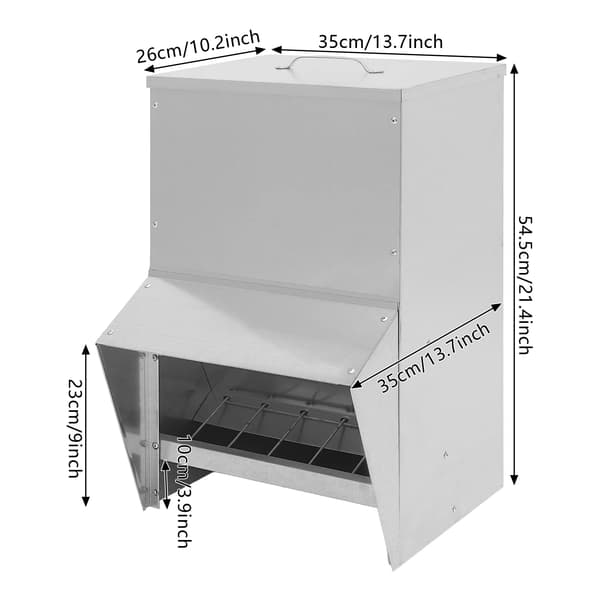 Fjerkræfoderautomat - Hønsefoderautomat - 25 L Kapacitet - Regnafvisende Tag - Til Høns Ænder Kalkuner Duer - 35×26×54,5 cm - Sølv