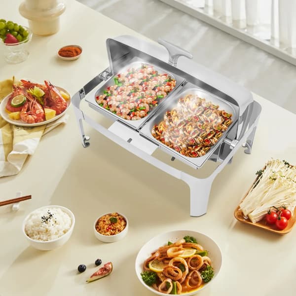 Buffetvarmer - Chafing Dish - Dobbelt 2x9 l - Rustfrit stål 201 - Rektangulær 64x44 cm - Sølv