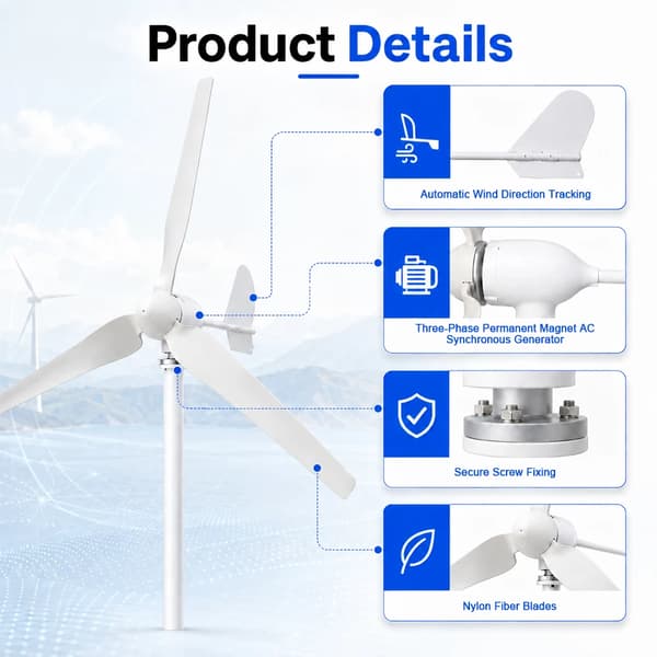 Vindmølle - SM3-5000 - 5000 W - 48 V - 3 Blade - Med Solsystem - Startvind 2 m/s - Hvid