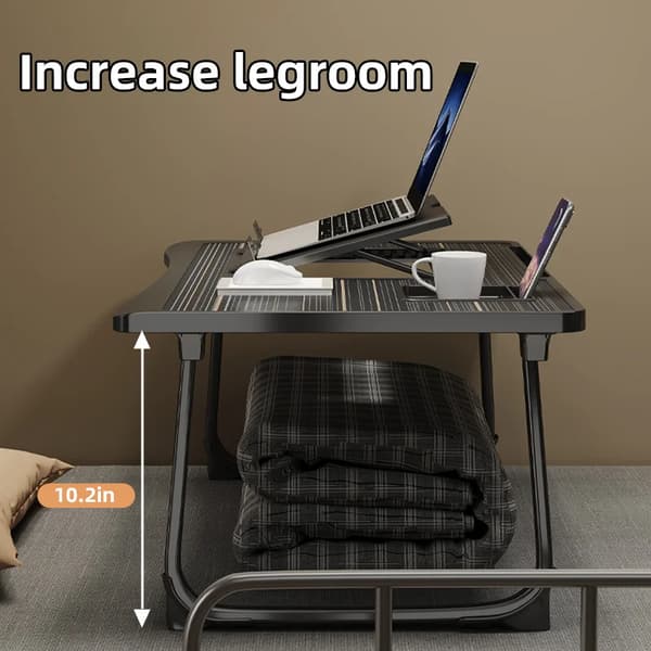 Laptopbord - L-formet computerbord til seng/sofa - 6 niveauer justerbart - træ - med kopholder - sort