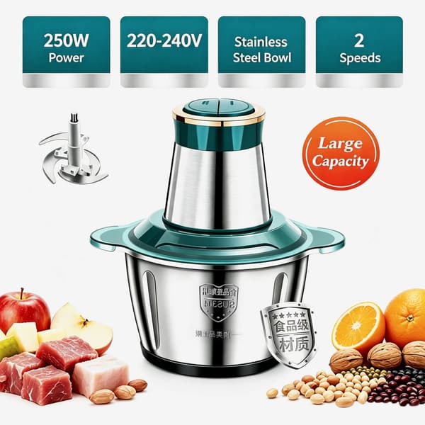Elektrisk Kødhakker - Foodprocessor - 2 L - 250 W - Multifunktionel - Rustfrit Stål - Grøn