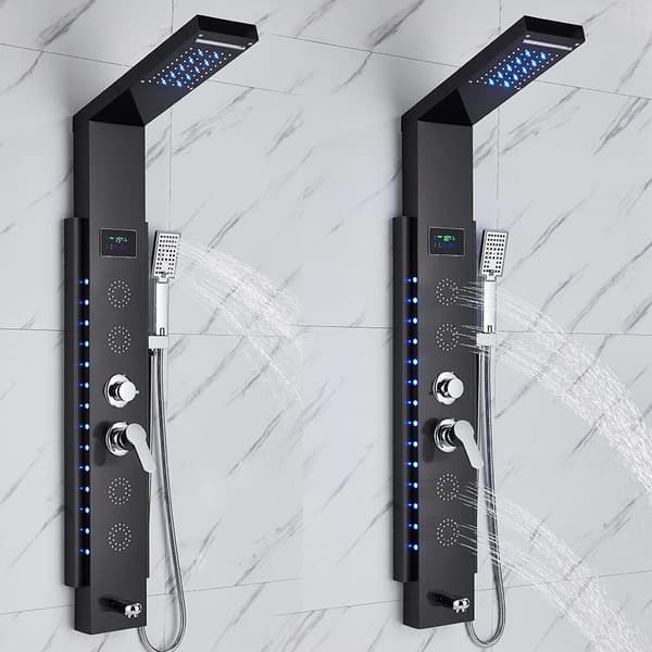 LED brusepanel 8003 - Regn og vandfald - Kropsmassage-dyser - Temperaturdisplay - 3 greb - Rustfrit stål - Sort