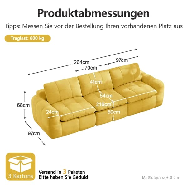 3-sits modulsoffa - L-formad - Klädd i chenille - Ergonomisk design - Ingen montering - Gul