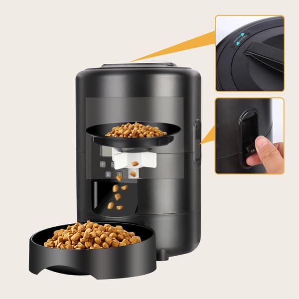 Automatisk katte- og hundefoderautomat - 2L tørfoderdispenser med knapper - Programmerbar timer - LCD-display - USB 5V strøm - Sort