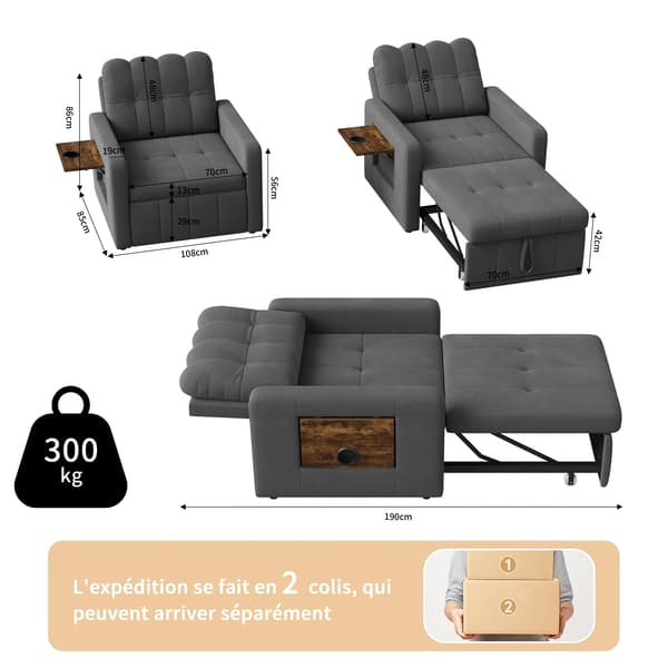 3-i-1 bäddsoffa - Enkelsäng - Utdragbar - Fällbart bord - Sidofickor - Chenille - Grå