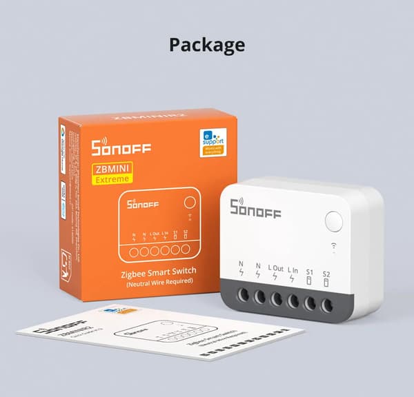 Smart Zigbee-relä - ZBMINIR2 - 1-pack - Extern brytarkontroll - Frånkopplingsbart relä - Zigbee 3.0 - Max 2400 W - Vit