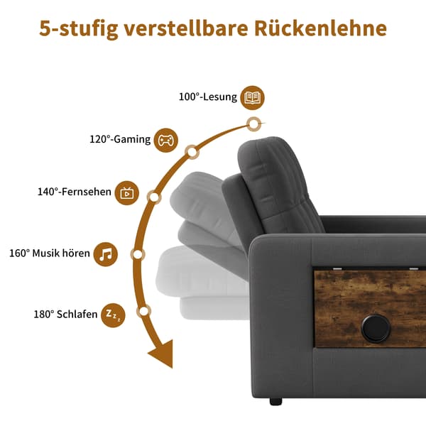 3-i-1 bäddsoffa - Enkelsäng - Utdragbar - Fällbart bord - Sidofickor - Chenille - Grå
