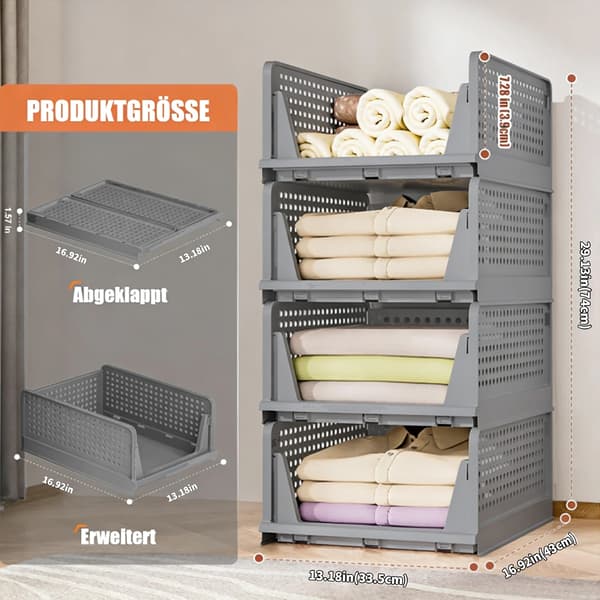 Förvaringskorgar - Stapelbara förvaringslådor - 4-pack - PP-plast - Fällbara - Mångsidiga - Grå