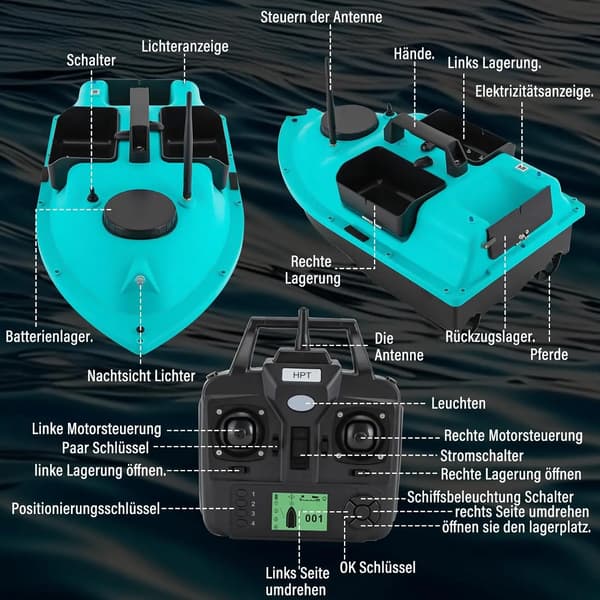 RC agnbåt - Foderbåt - 600 m räckvidd - GPS - 2 kg last - 2×5200 mAh batterier - ABS - Blå
