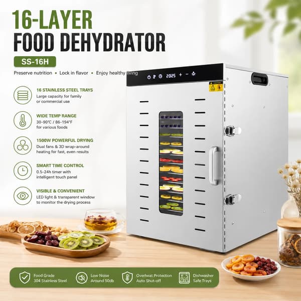 Fødevaredehydrator - Madtørrer SS-16H - 1350 W - 16 Bakker - Rustfrit Stål - 30–90 °C - 24 Timers Timer - Digital Touchskærm