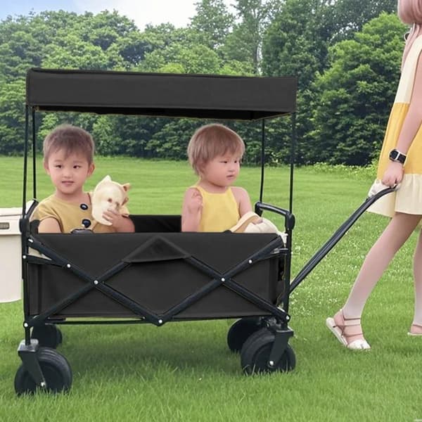 Robust sammenklappelig vogn - Camping- og strandvogn - Høj bæreevne - Foldbart design - Med solskærm - Sort
