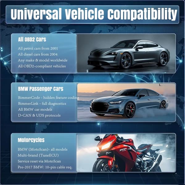 Universal bilscanner - OBD2-diagnoseinterface - UCS 10-benet - Bluetooth 4.0 - Til Android/iOS - Til BMW-motorcykler - BimmerCode/BimmerLink/MotoScan