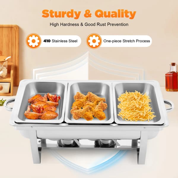 Buffetvarmer Chafing Dish Sæt - Rektangulær Serveringsvarmer - 3 Rum - Sammenklappeligt Stativ - Rustfrit Stål - Til Catering og Buffet