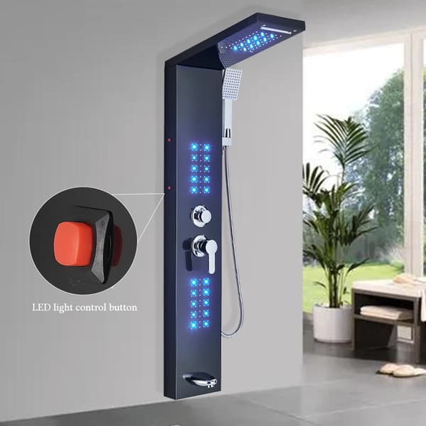 LED brusepanel 6004 - Brusesystem - Regnbruser - Vandfald - Massagejets - Håndbruser & Tud - Blå LED - Rustfrit stål - Mat sort