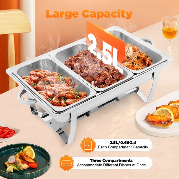 Buffetvarmer - Chafing Dish - Rustfrit stål - Rektangulær - Med låg - 3 rum - Til catering & restaurant