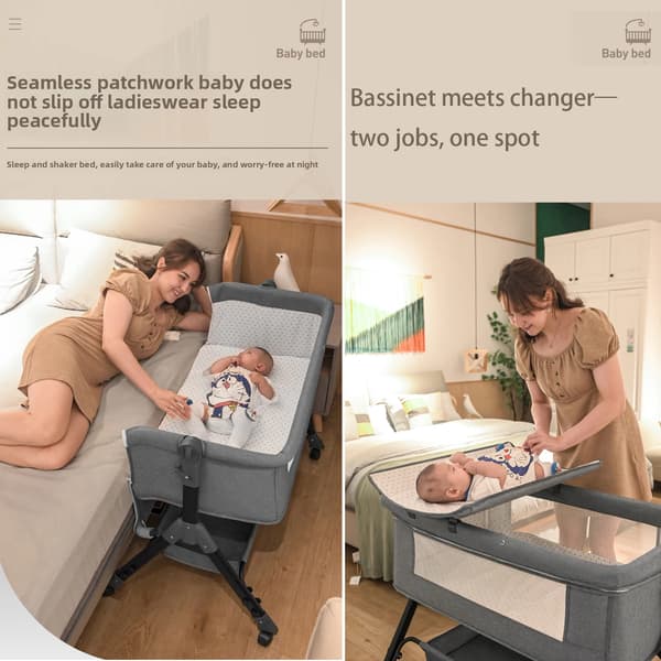Babyseng - Sengekant til nyfødte - Sammenklappelig - Bærbar - Justerbar højde - Åbningsside - Åndbart meshnet - Grå