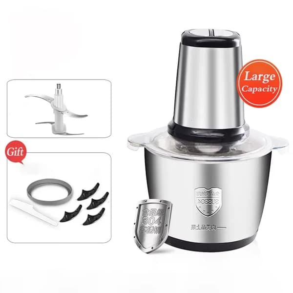 Elektrisk kødhakker - Foodprocessor 2L - 250 W - Rustfrit stål - Grøntsagshakker - EU-stik - Sort