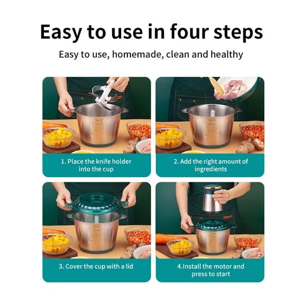 Elektrisk kødhakker - 2 l Kapacitet - Multifunktionel - Rustfrit stål - Foodprocessor - Grøn