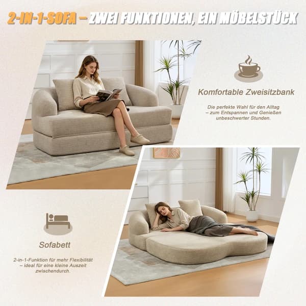 2-i-1 bäddsoffa - 2-sitsig - Utfällbar dubbelsäng - 2 kuddar - Chenille - Modern - Khaki