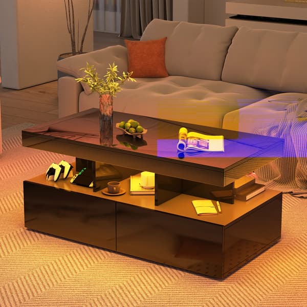 Moderne sofabord - Stuebord 104×53×46 cm - LED lys - 3 hylder - 2 skuffer - Rektangulær - Sort