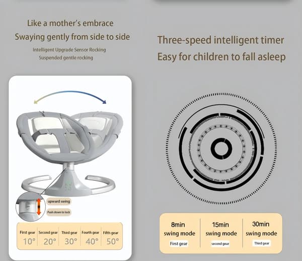 Elektrisk Babysitter - Babysgunga - Bluetooth-Musik - Fjärrkontroll - Timer - Justerbart Ryggstöd - Grå