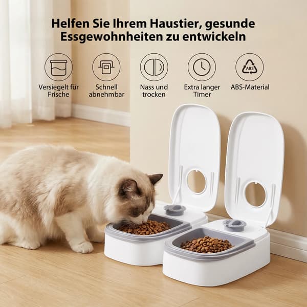 Automatisk kattefoderautomat 2 måltider - Foderdispenser til kat og lille hund - 48-timers timer - 2x350 ml 700 ml samlet - Batteridrevet - Til våd- og tørfoder