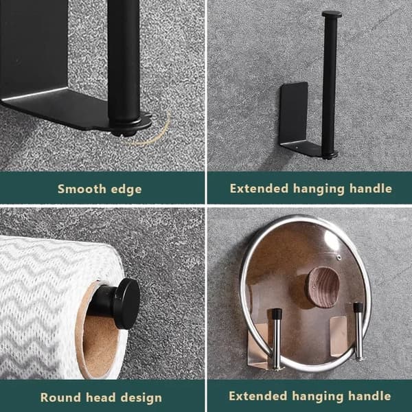Toiletpapirholder - Selvklæbende - Borefri montering - Rustfrit stål - Størrelse L - Sort