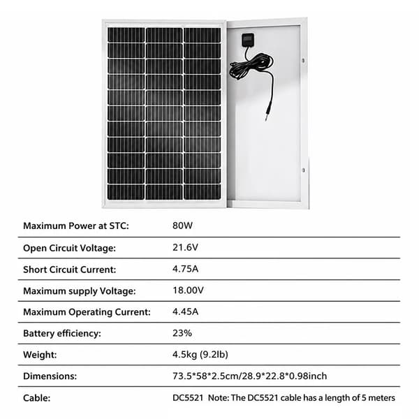 Solpanel Camping - 80W Fast Solcelleoplader - Bærbart Solpanel - Batterioplader - Nødstrøm Udendørs - Til Autocamper Campingvogn Hjem