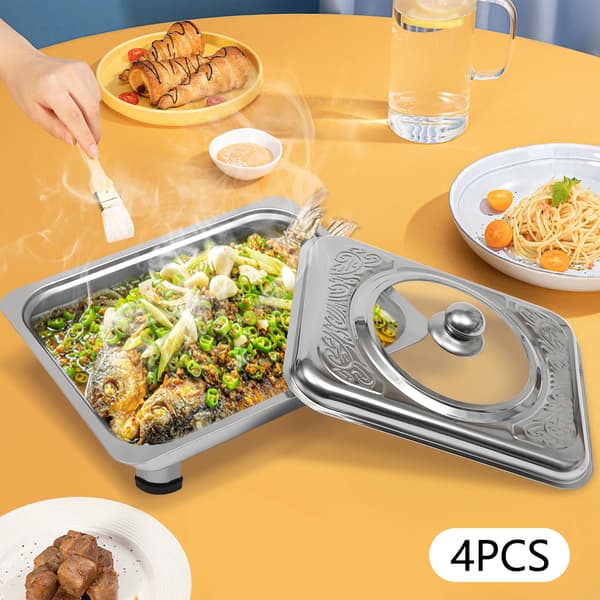 Chafing Dish Buffetform - Rektangulær - Sæt Med 4 - Rustfrit Stål - Glaslåg - Mål 33,5×27,5×9 cm - Sølv