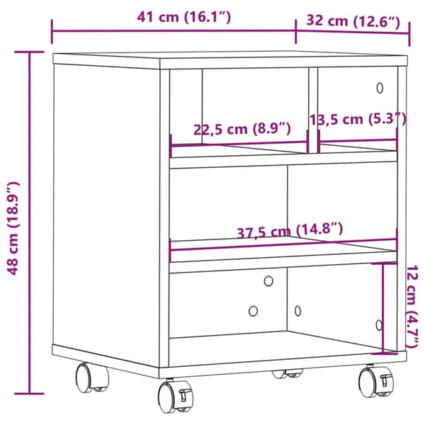 Printerbord / printervogn - Printerstativ - 41x32x48 cm - Spånplade - 4 hjul (2 med bremse) - Stor opbevaring - Hvid