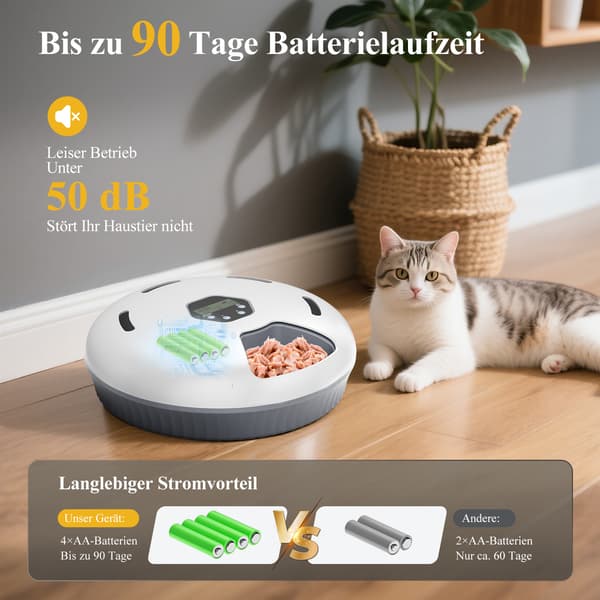 Automatisk kattmatare - Foderautomat för våtfoder - 6 måltider - Kylfunktion - Batteridriven utan batterier - Vit