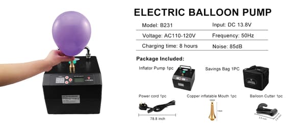 Elektrisk ballonpumpe - Model B231 - Enkel dyse - Digital timer - Plast - Sort