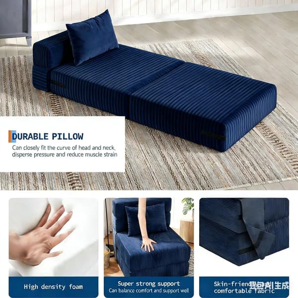 2-i-1 bäddsoffa - Hopfällbar L-formad soffa - Sammanfällbar sovstol - Metallstomme - Sammet - Marinblå
