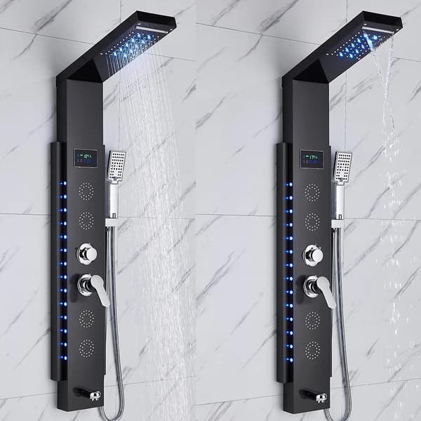 LED brusepanel 8003 - Regn og vandfald - Kropsmassage-dyser - Temperaturdisplay - 3 greb - Rustfrit stål - Sort