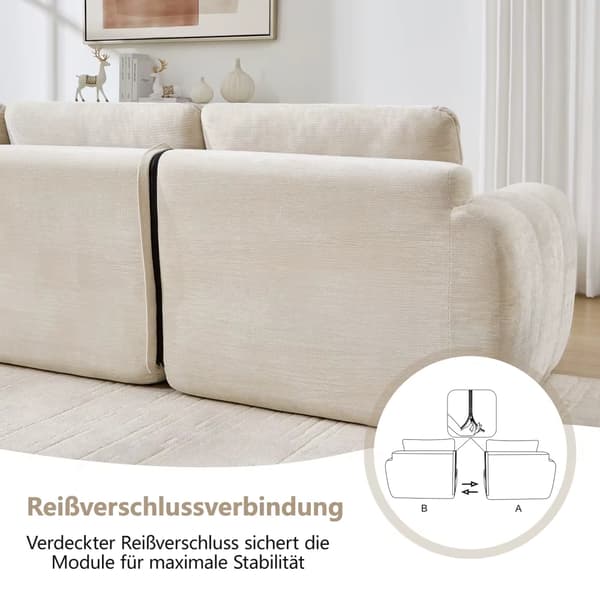 Modulsoffa - U-formad 4-sitssoffa - Chenille - Djupa sitsar - Modern design - Beige