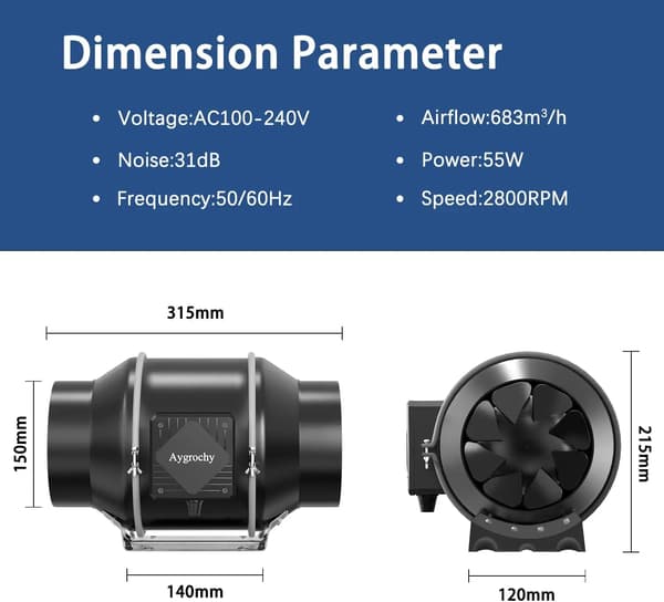 Kanalventilator - Inline-rørventilator - Luftstrøm 683 m³/h - Effekt 55 W - Spænding 240 V - Diameter 150 mm - Sort