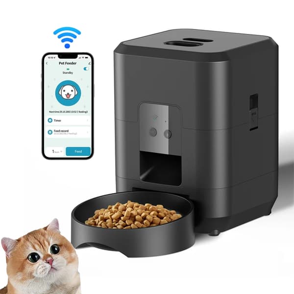 Automatisk kattefoderautomat - Foderdispenser - WiFi - Tidsindstilling - Portionskontrol - LCD-display - Genopladelig - Sort
