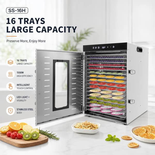 Fødevaredehydrator - Madtørrer SS-16H - 1350 W - 16 Bakker - Rustfrit Stål - 30–90 °C - 24 Timers Timer - Digital Touchskærm
