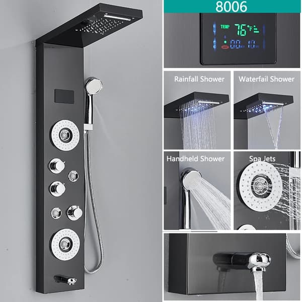 LED Brusepanel - Rainfall Brusesystem med Digital Temperaturdisplay - 4 Kropsmassagejets - 3 Greb - Rustfrit Stål - Sort 8006