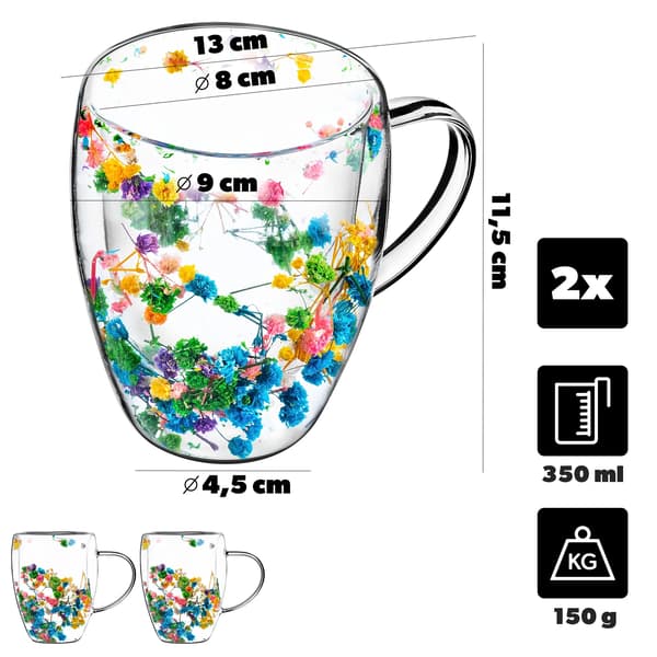 Tekrus i glas - Sæt med 2 - 350 ml - Blomstermotiv