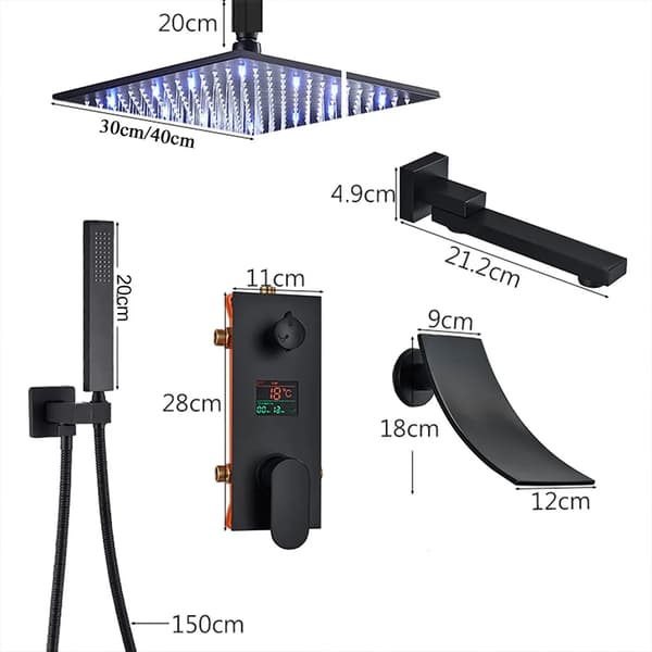 LED Loftbruser Regnbruser - Brusersystem Badekar - Digital Temperaturdisplay 40 cm Hoved - Etgrebs Varm/Kold - Moderne Stil - Sort Set A 40