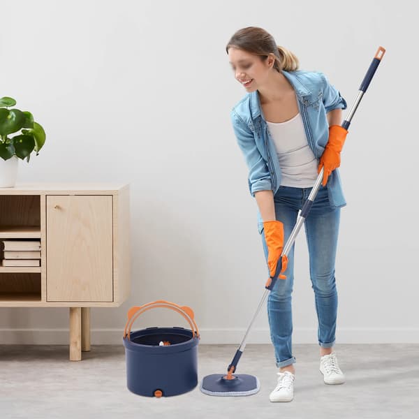 360° Spinmoppe & Spand - Spin Moppesæt - Dobbelt Rent/Snavset-Vand - Selvseparerende System - Skaft i Rustfrit Stål - Moppe i Polyester - Blå
