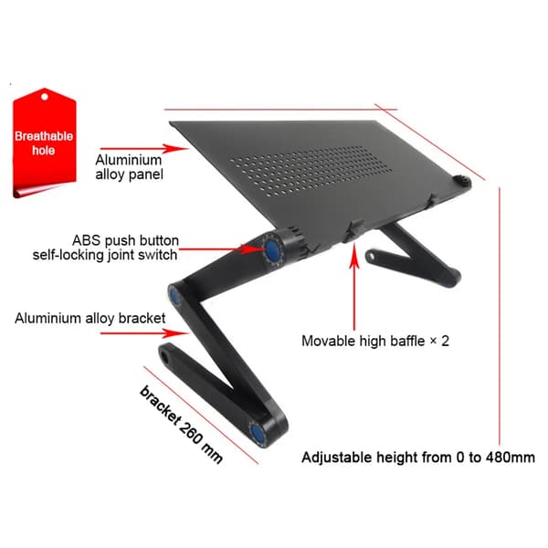 Laptopbord & skødebord - Justerbart, foldbart stativ - Stor enkelt køleblæser - Aluminium - Med musemåtte - Til seng/sofa - Sort