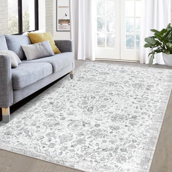 Vintage blomstret stuegulvtæppe - Stor rektangulær måtte - 100 % polyester - Maskinvaskbart - Skridsikker gummibagside - 200 × 290 cm - Grå