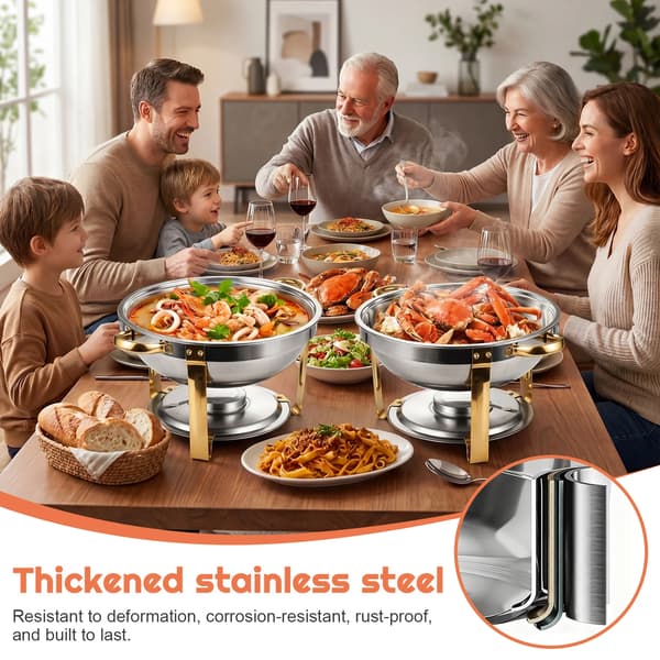 Buffetvarmer - Rund Chafing Dish Sæt - 4 x 4,5 l - Rustfrit Stål - Med Serveringstang - Guld