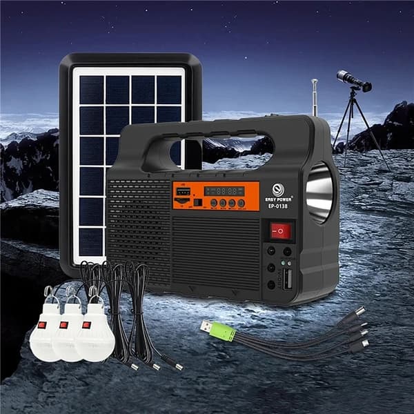 Solbelysningssæt - Bærbart solenergisystem - Solpanel - 3 LED-pærer - Til camping og vandring - Sort